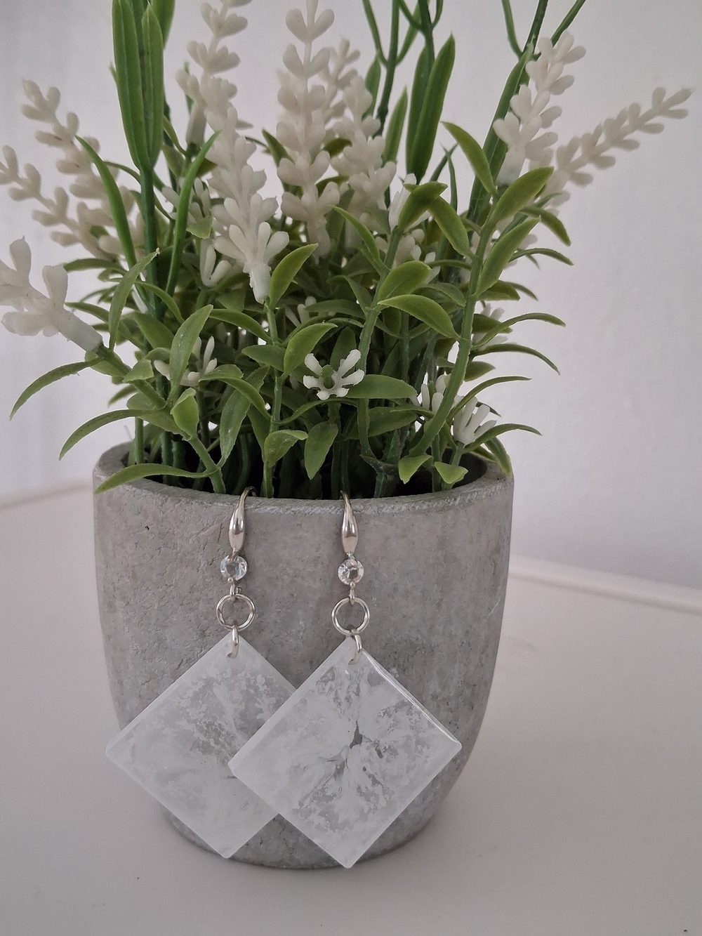 Silver White Marbled Square Drop Earrings - Women Jewelry
